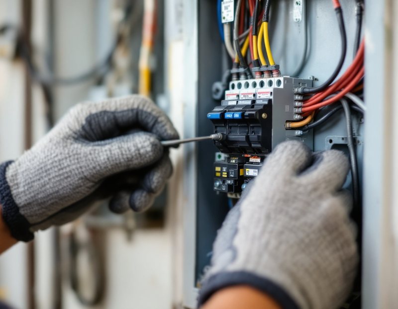 Électricien qui raccorde une protection dans un tableau électrique