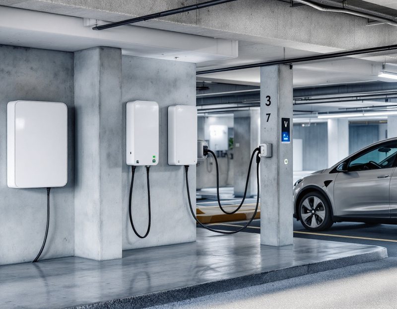 Parking en sous-sol d'une résidence avec des bornes de recharge murales