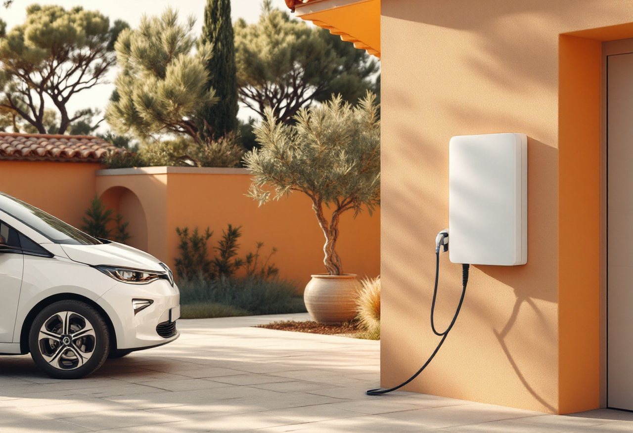 Voiture électrique en charge devant une maison provençale, wallbox fixée au mur du garage